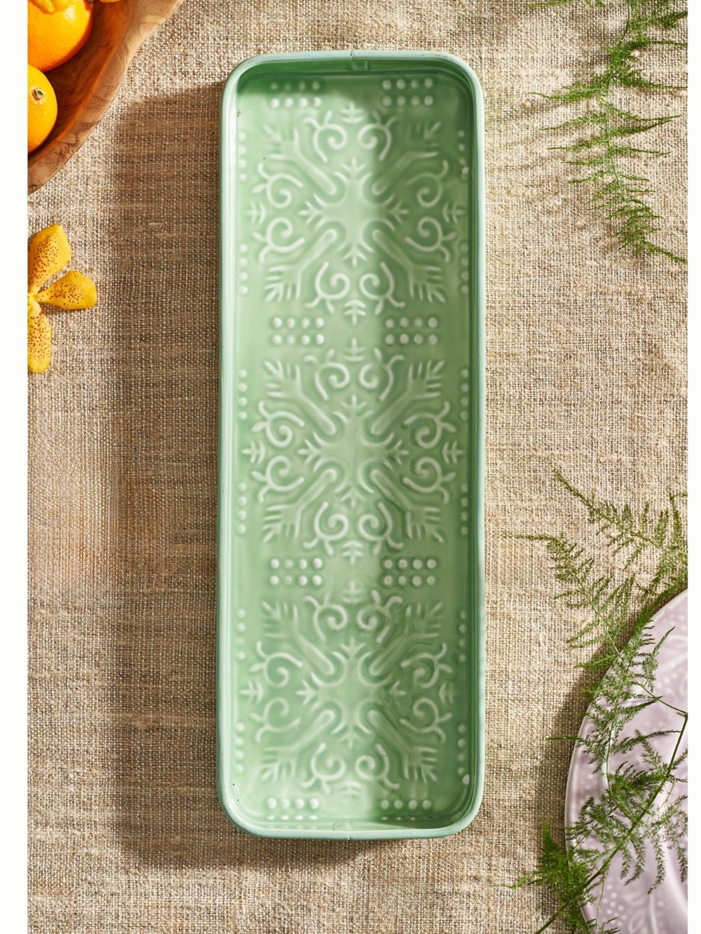 Anthropologie Enamel Serving Tray Rectangle Patterned New Mint Green 18” Terrain
